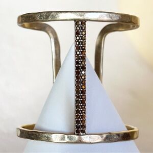 Lucky Brand Wide Gold Tone Large Cuff Bracelet With Brown Rhinestones